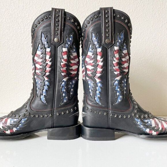 Lane OLD GLORY Mens Cowboy Boots 9 Square Toe Black Leather Biker Boots Western - Picture 10 of 14